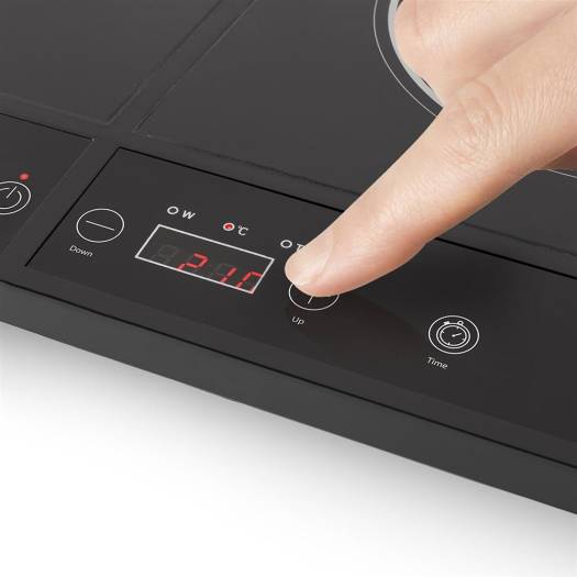 Princess double induction cooker. This freestanding induction hob features a glossy black design and a touch-screen control panel.
