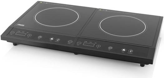 Princess double induction cooker. This freestanding induction hob features a glossy black design and a touch-screen control panel.
